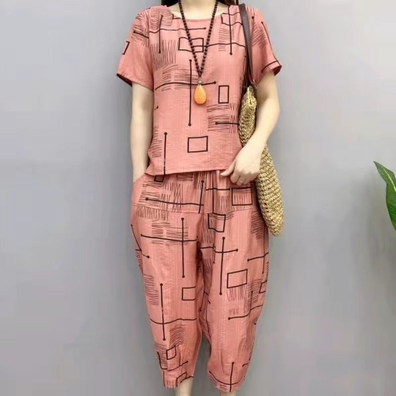 Middle-aged And Elderly Summer Short-sleeved Casual Large Yards Loose New Belly Covering Mother's Clothing