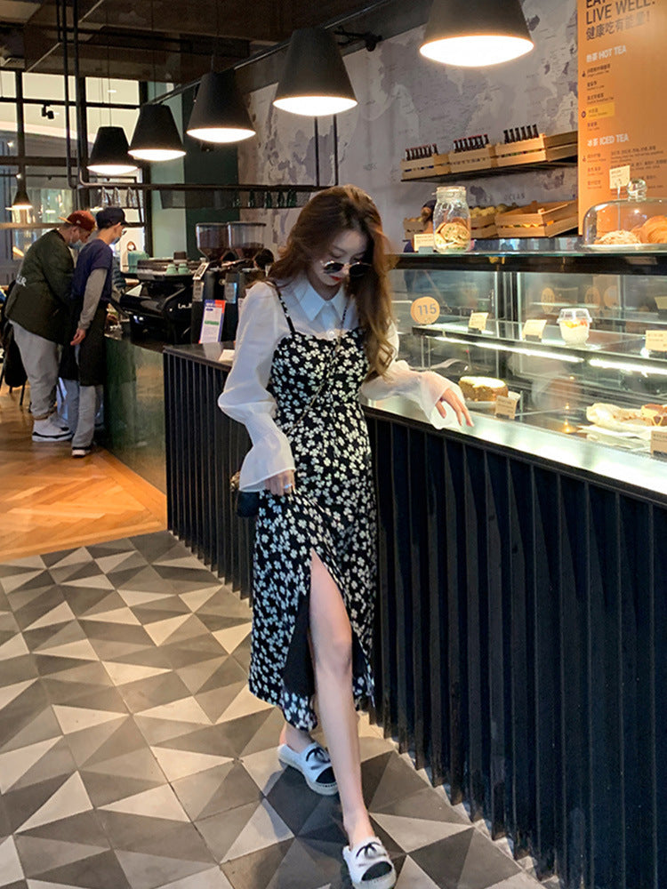 Women's Chiffon French Floral Slit Temperament Suspender Dress