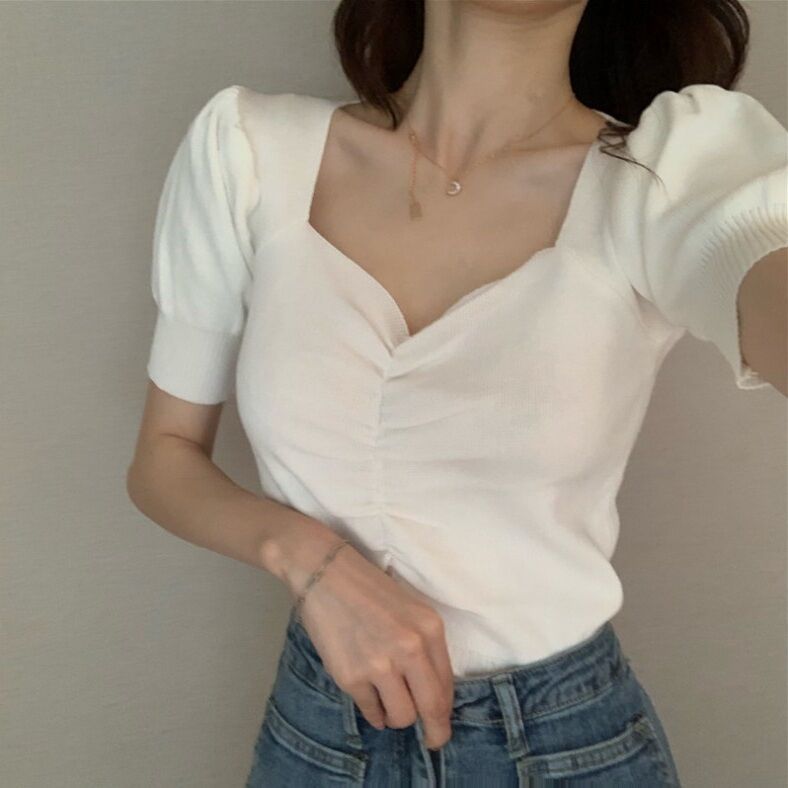 Puff sleeve base slim V-neck short-sleeved sweater