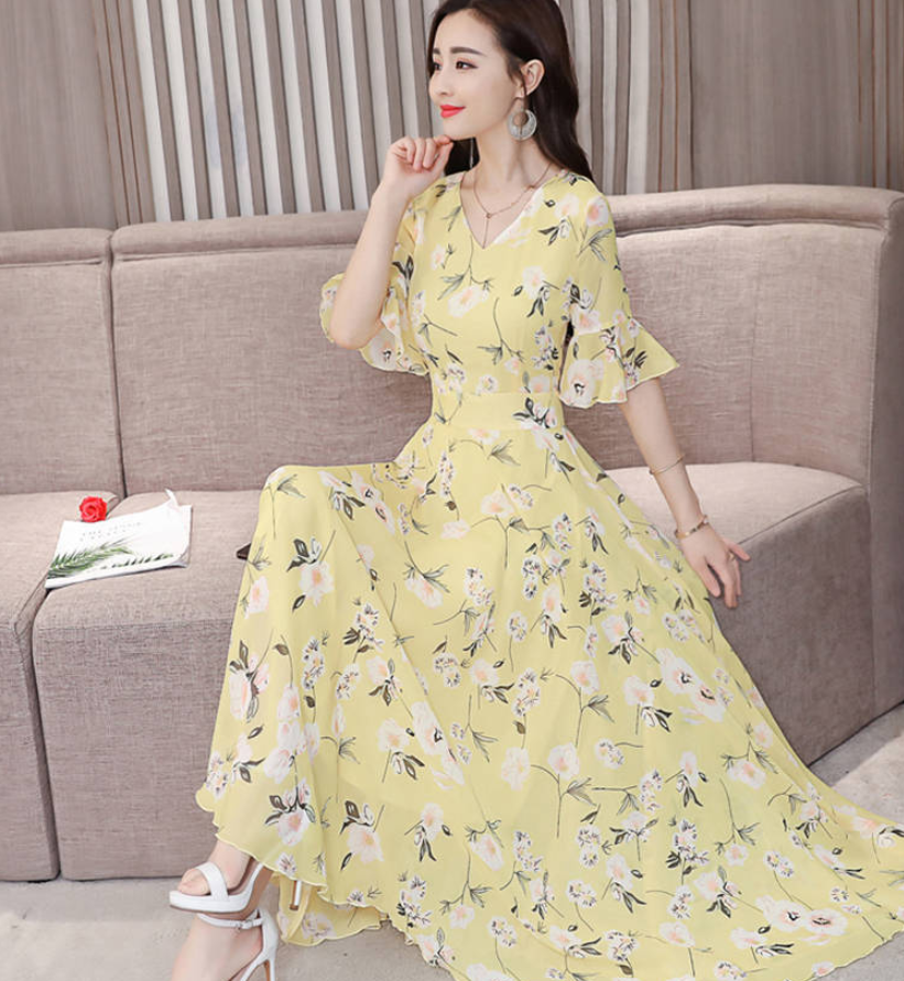 new large size short-sleeved holiday dress female summer loose slim green flower fashion temperament long skirt