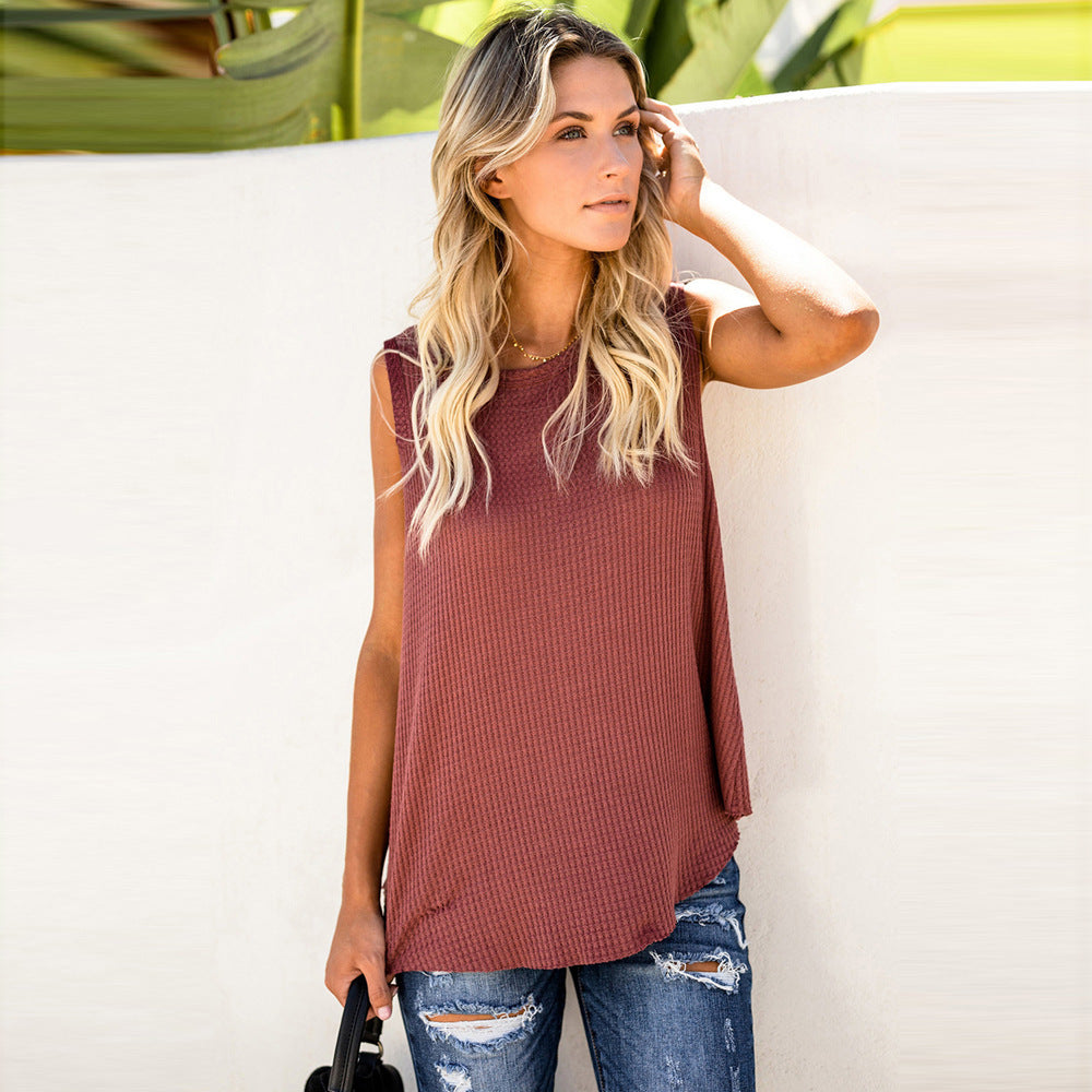 Solid Color Round Neck Sleeveless T-shirt Top Vest