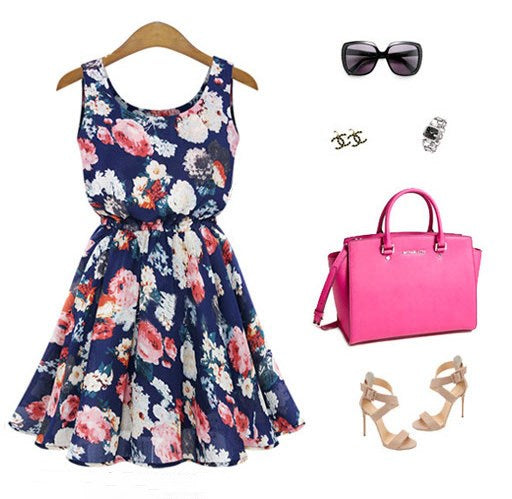 USA SIZE Summer bottom skirt Sleeveless printed chiffon dress Floral vest dress