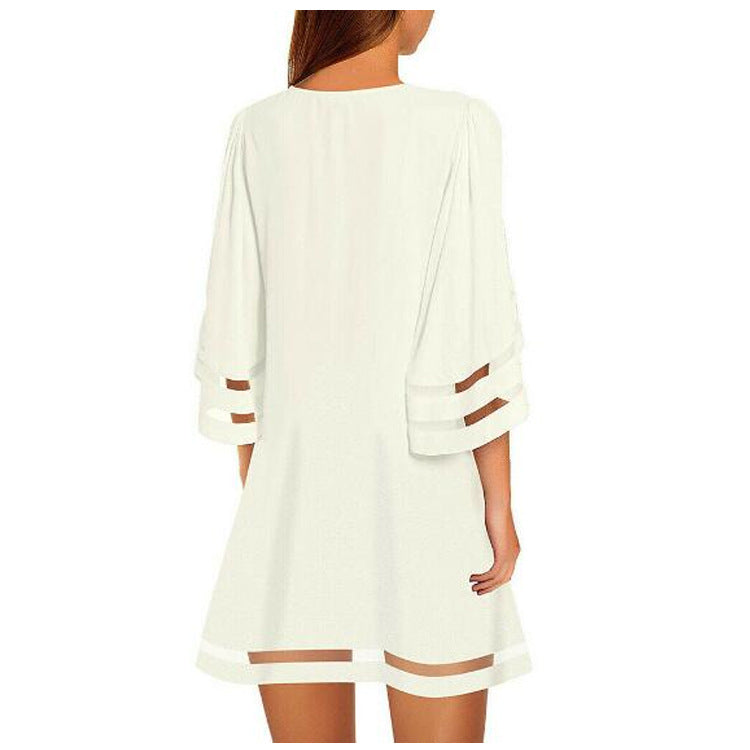 Gauze stitching loose flare sleeve A-line skirt