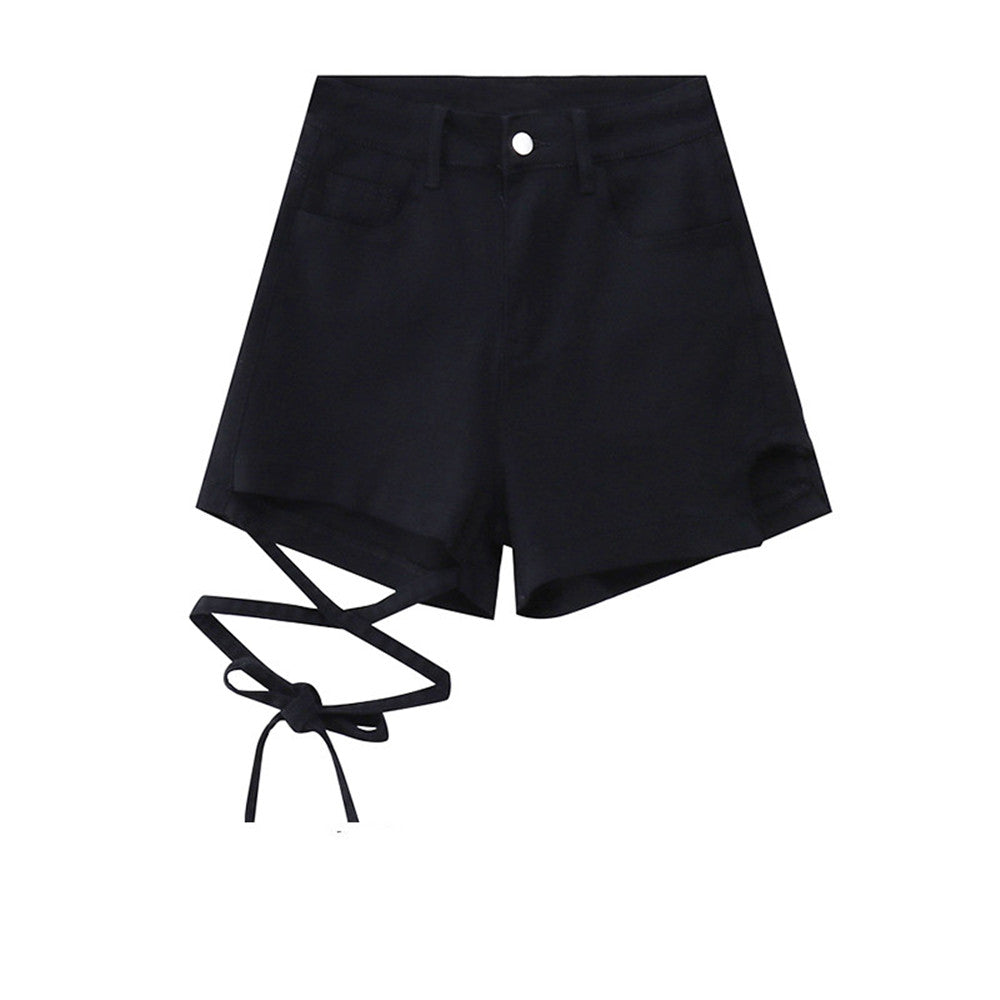 Women's Black Denim Shorts High Waist Slim Fit Strap