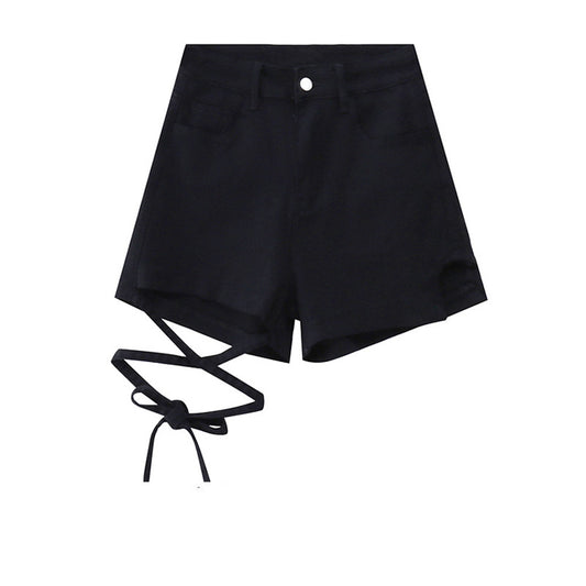 Women's Black Denim Shorts High Waist Slim Fit Strap