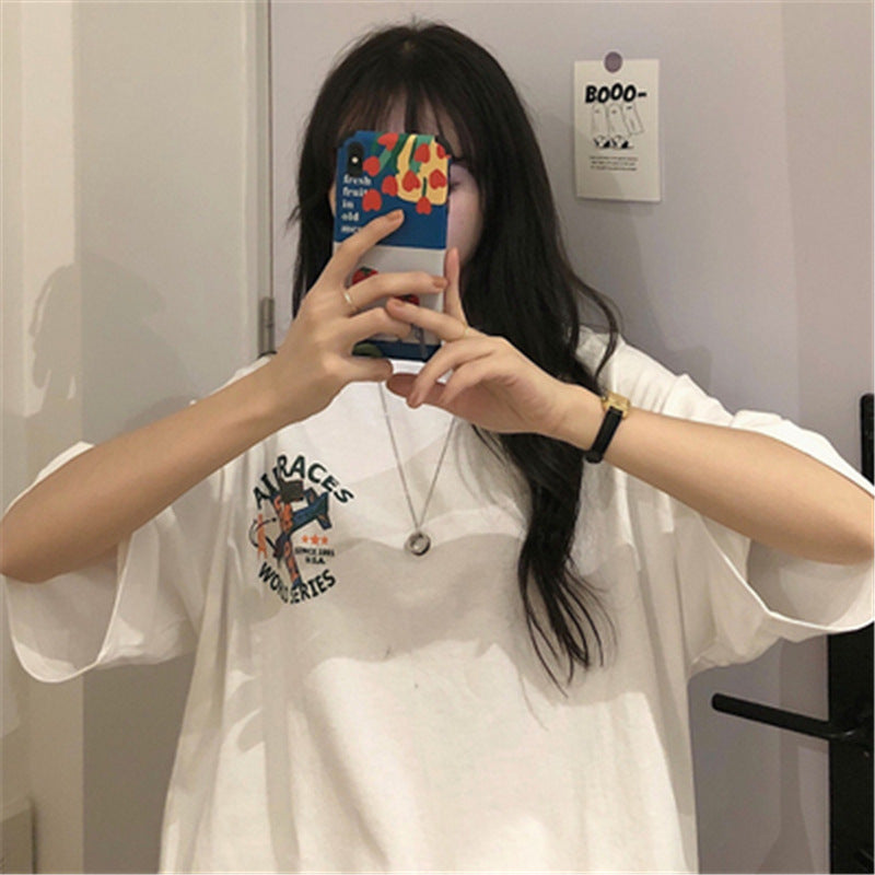 Clothes Cartoon Print Loose Short-sleeved Apricot Top