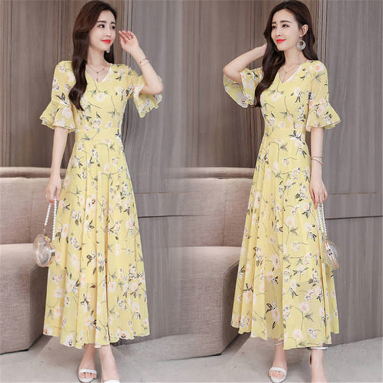 new large size short-sleeved holiday dress female summer loose slim green flower fashion temperament long skirt
