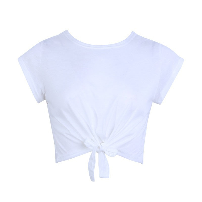 European And American Simple Short-sleeved Bow Lace-up Navel T-shirt Short Top