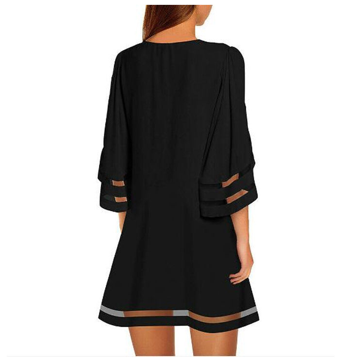Gauze stitching loose flare sleeve A-line skirt