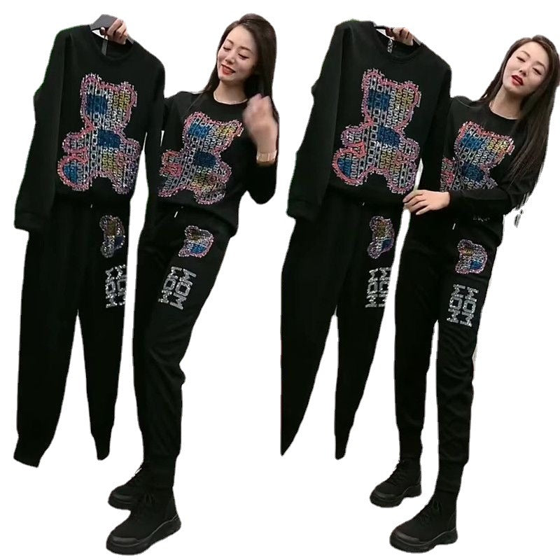 Casual Sports Round Neck Jumper Bright Drill Net Red Bear Hoodie Two-piece Set