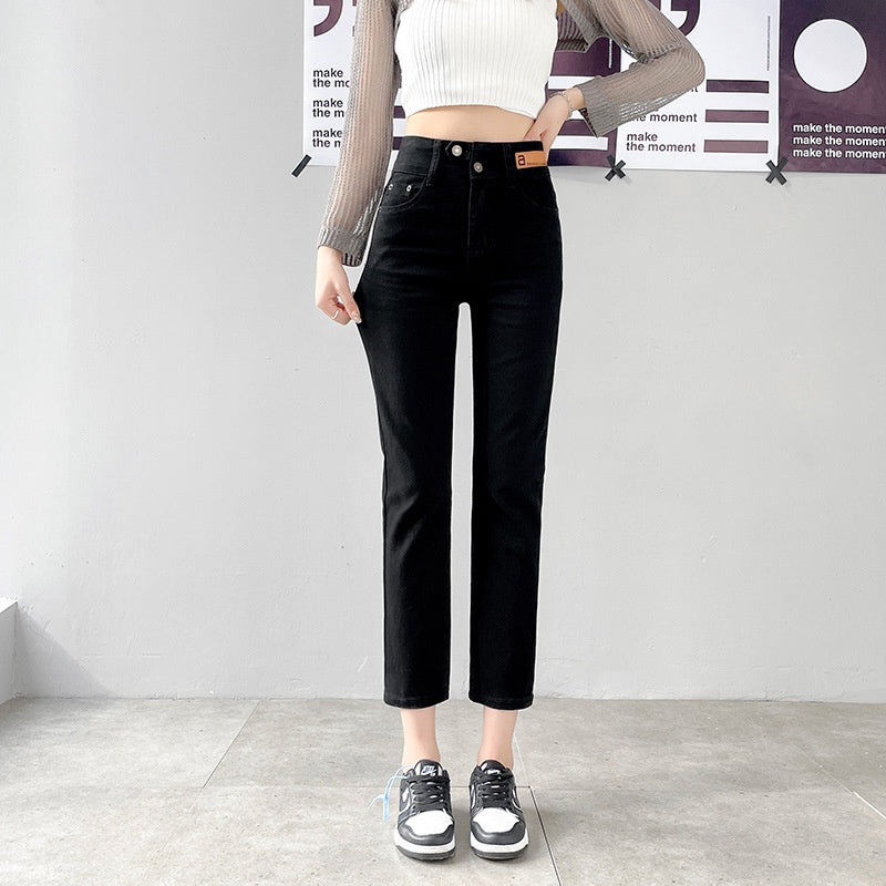 Autumn And Winter Stretch Fleece Ankle-tied Straight Jeans Women's Cropped Pants Small
