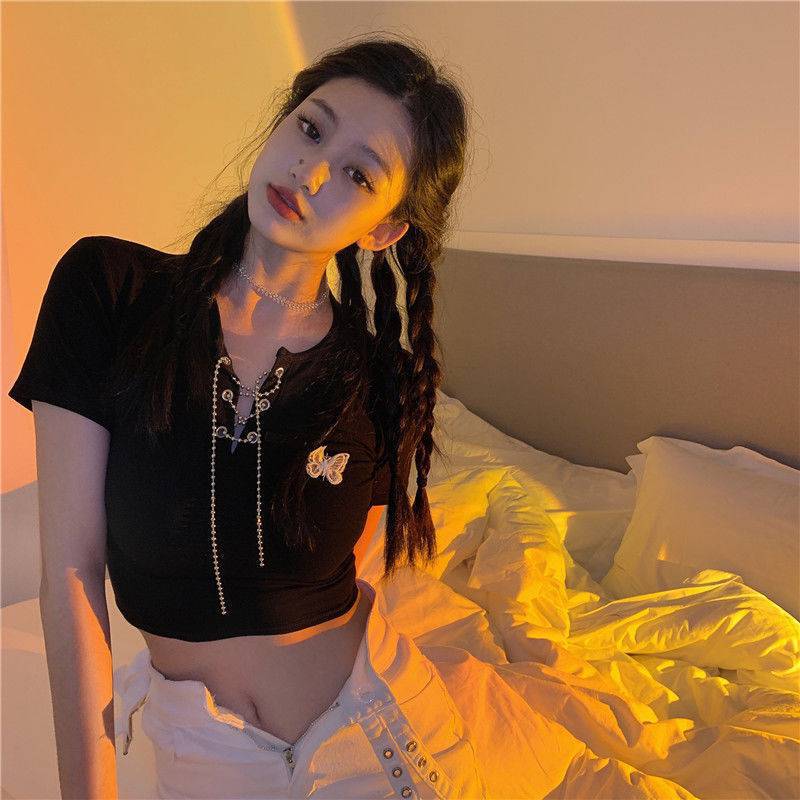 Chain Strap Ins Black Short-sleeved T-shirt Female