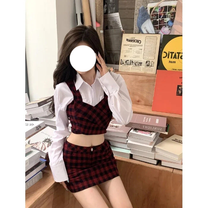 White Shirt Strap Vest Plaid Skirt Set Of Three