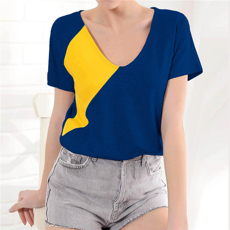 Contrasting round neck short sleeve ladies T-shirt