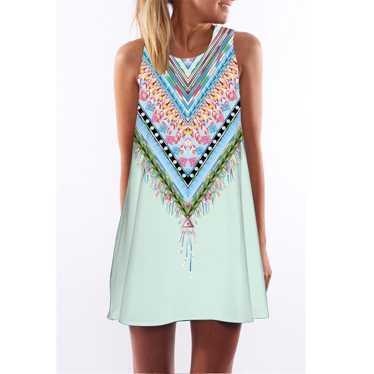Retro digital print round neck dress