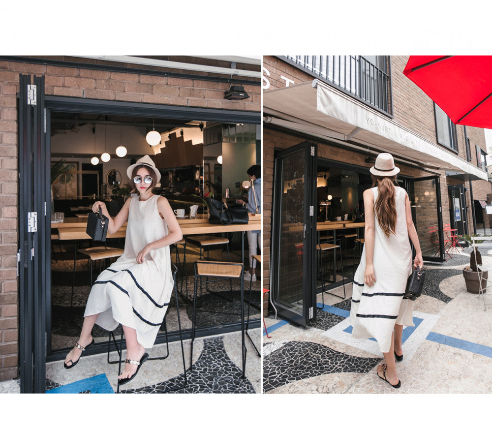 Loose Black And White Striped Sleeveless A-line Skirt With Big Swing Dress Temperament