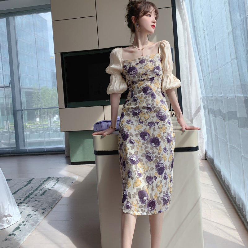 Square Neck Bubble Sleeve Dress Female