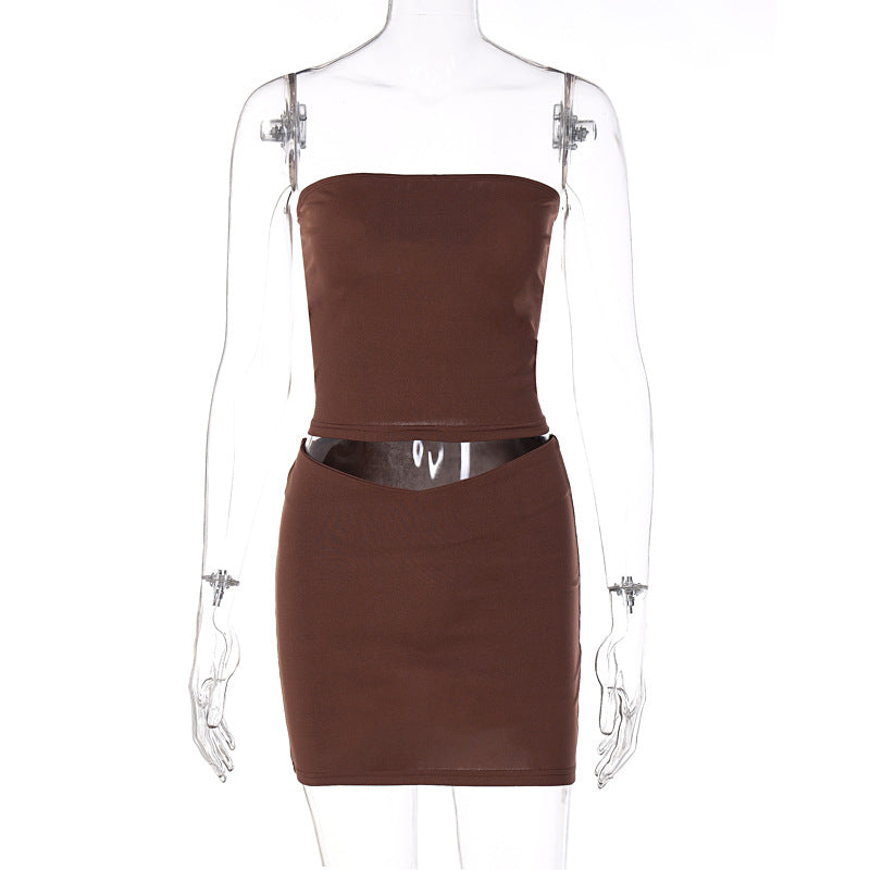 Casual One Word Tube Top Slim Short Skirt Suit