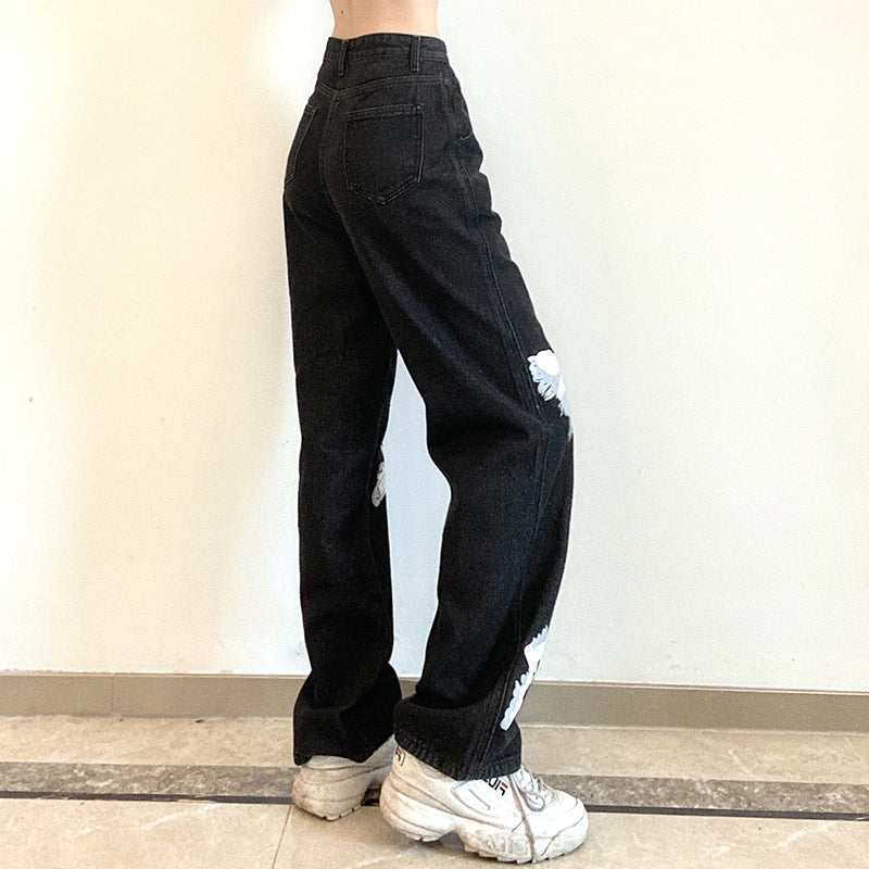Women's New Butterfly Print High Waist Loose Jeans