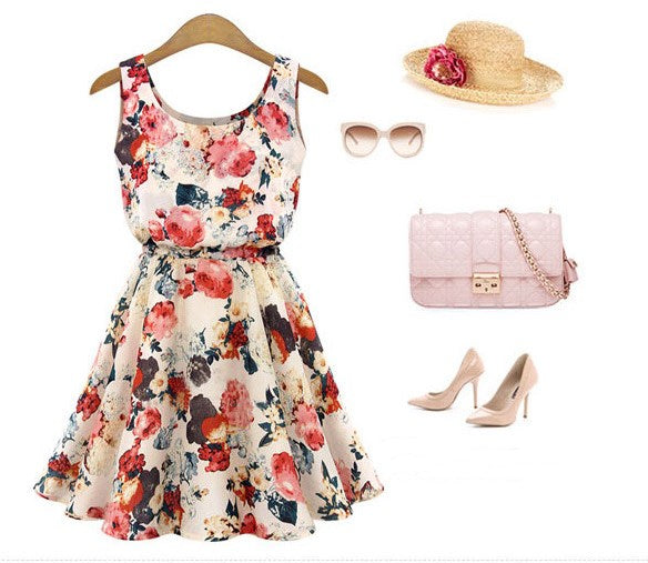 USA SIZE Summer bottom skirt Sleeveless printed chiffon dress Floral vest dress
