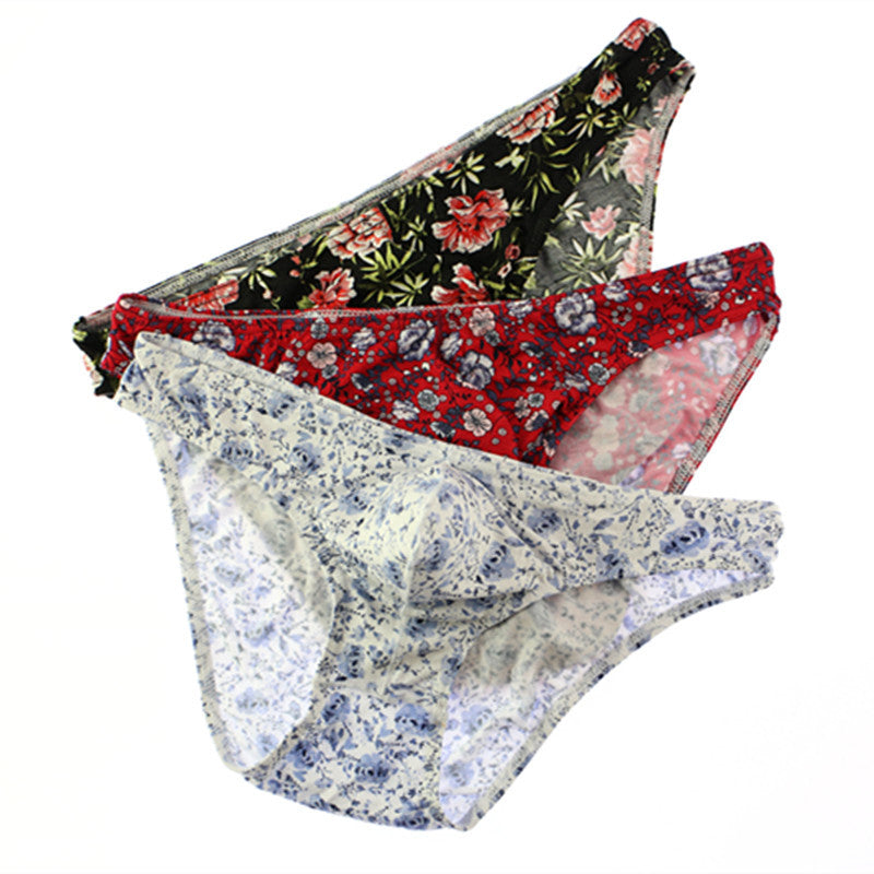 Flower Printed Low Waist Men Briefs Breathable U Convex Pouch