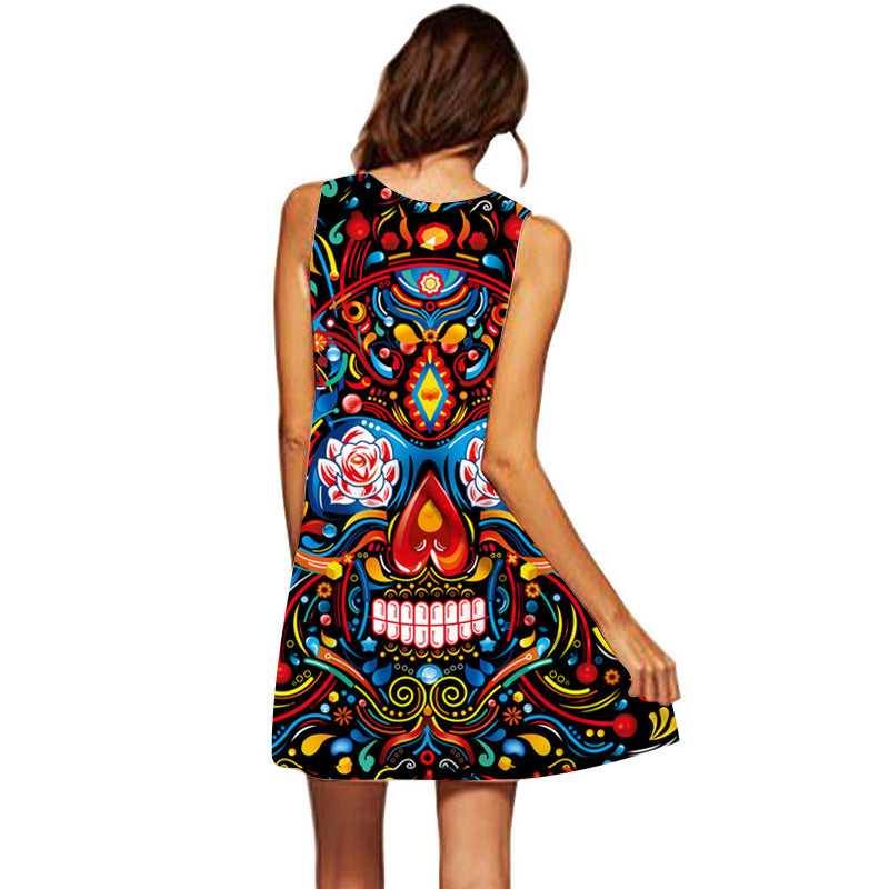Retro digital print round neck dress