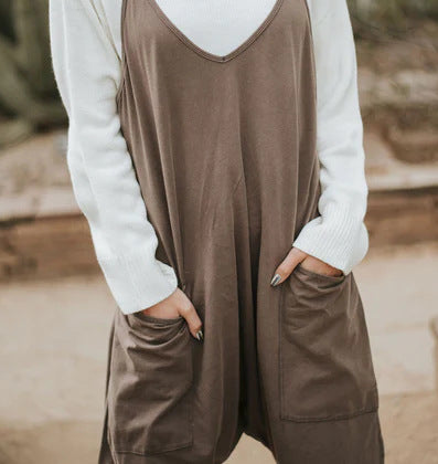 Women's Fashion Solid Color V-Neck Sling Pocket Jumpsuit