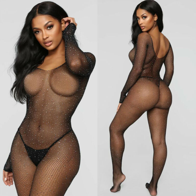 Fashion Sexy Ladies Lingerie Bodysuit Sequined Mesh Tights
