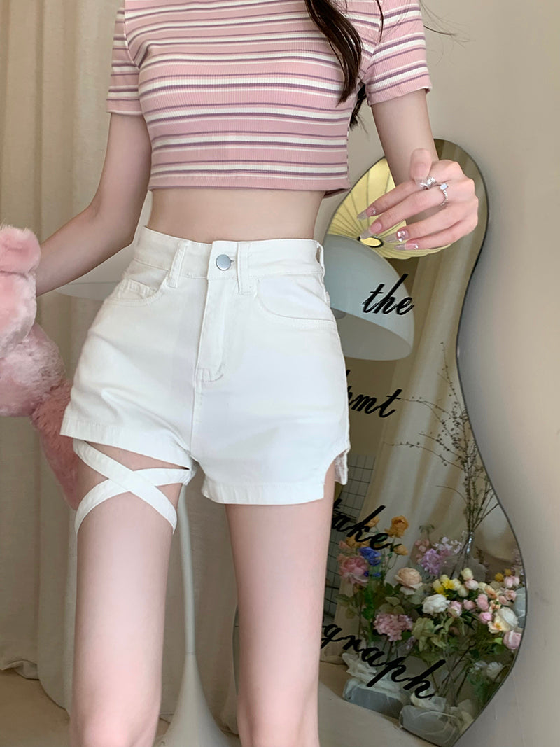 Lace Up Straight Denim Shorts Women's Thin