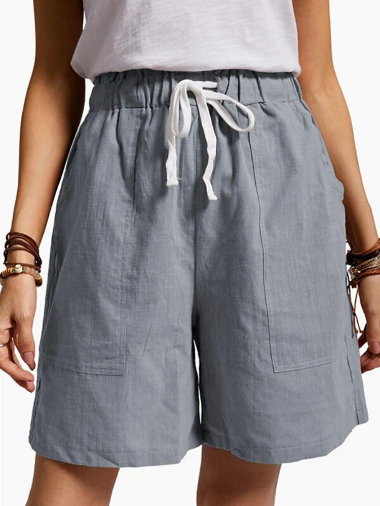 Women's Fashion Solid Color Cotton Linen Elastic Waist Lacing Shorts