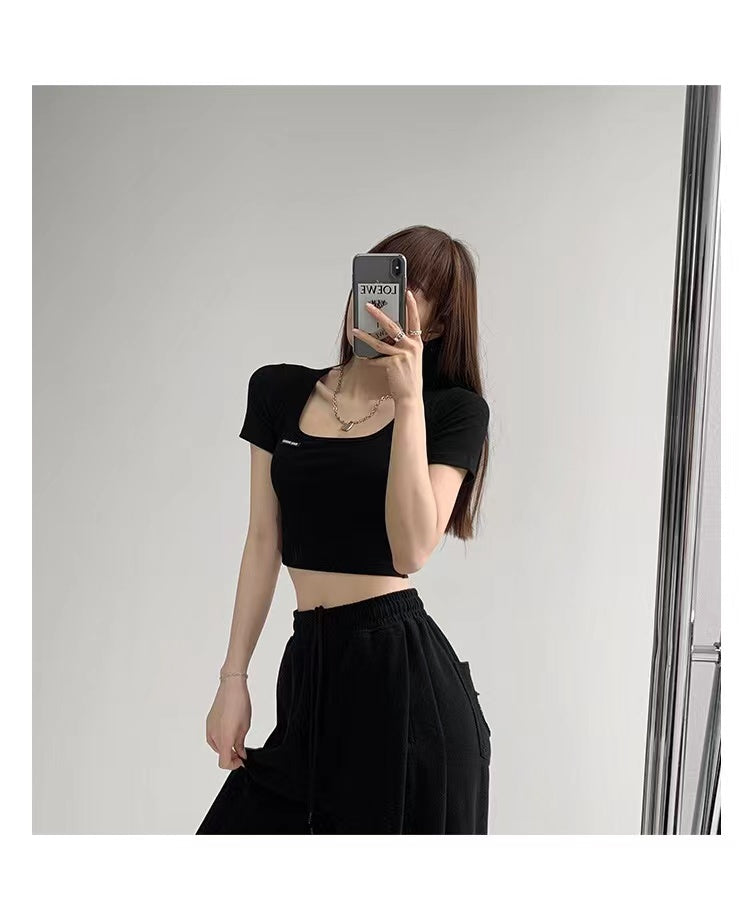 Square Neck Collarbone Tight Base Summer Hot Girl Short-sleeved Slim Top