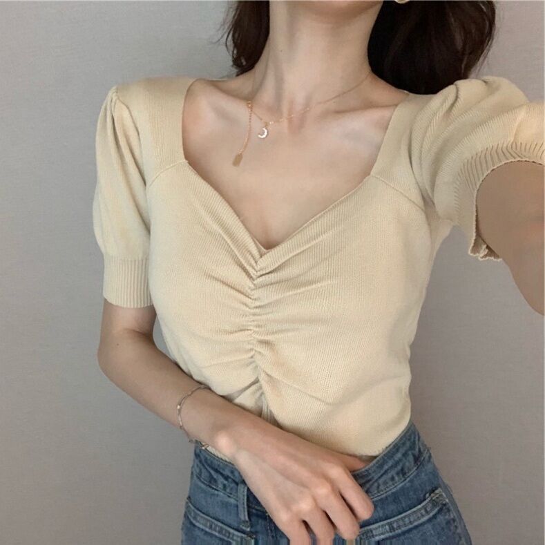 Puff sleeve base slim V-neck short-sleeved sweater