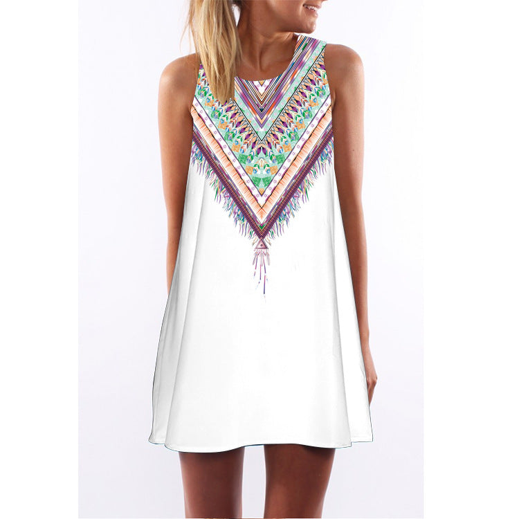 Retro digital print round neck dress