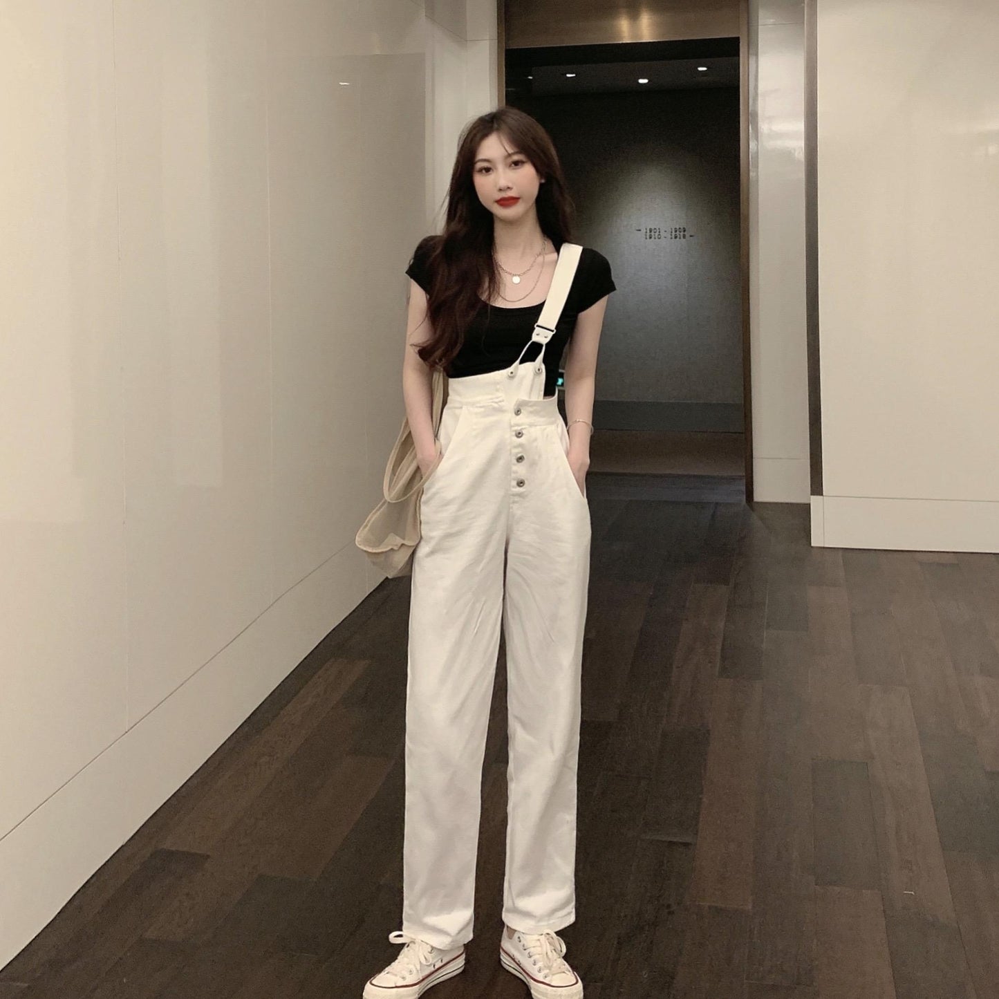 Women's White Slim One-shoulder Denim Overalls