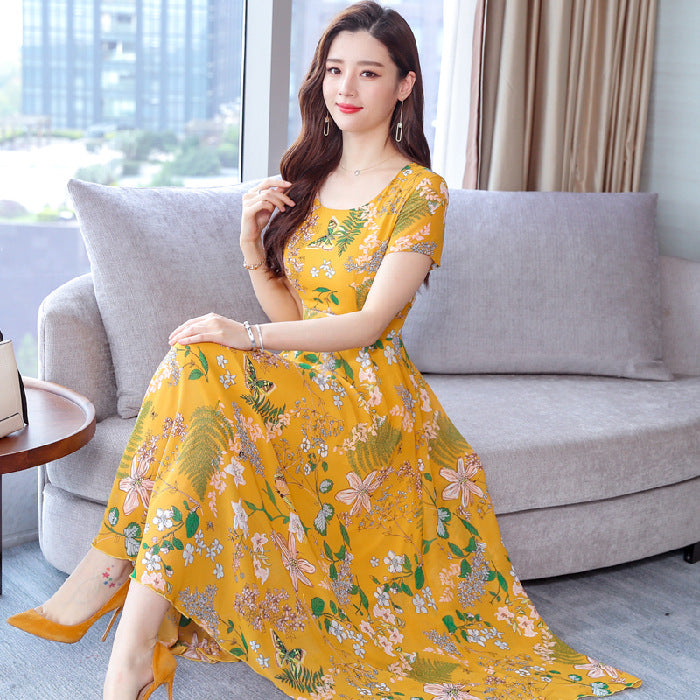 Temperament Was Thin Floral Round Neck Large Swing Skirt Korean Version