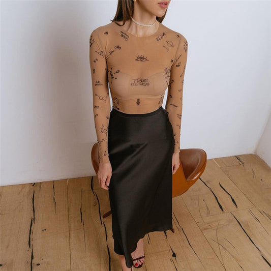 Women's Fashion Mesh Perspective  Slim Bodysuit