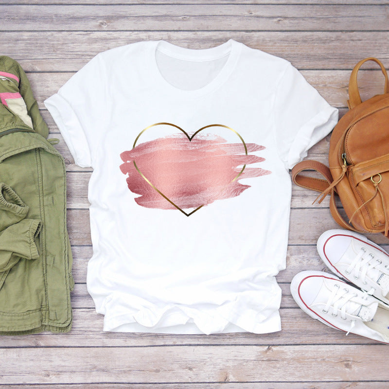 Watercolor Love Fashion Print Short-sleeved T-shirt Women's Trend