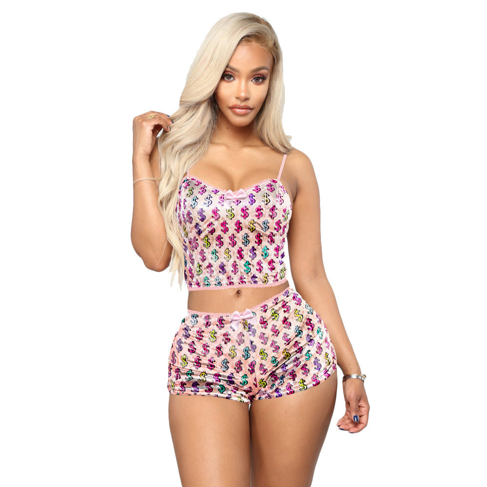 Hollow Sexy Print Slim Velvet Two-piece Suit
