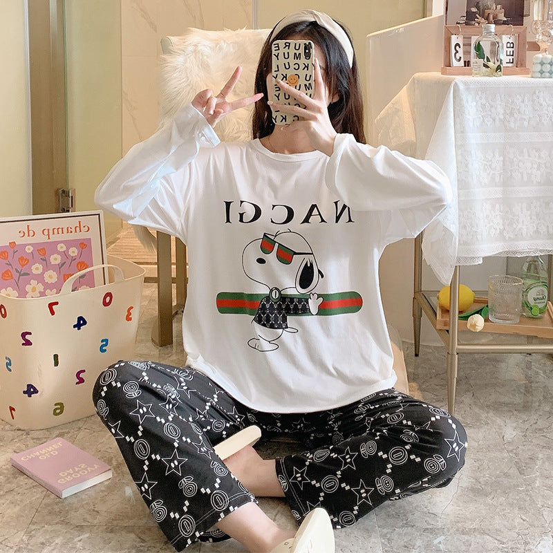 Outer Cartoon Pajamas Women's Short-sleeved Trousers  Polyester Fiber Home Service Two-piece Suit