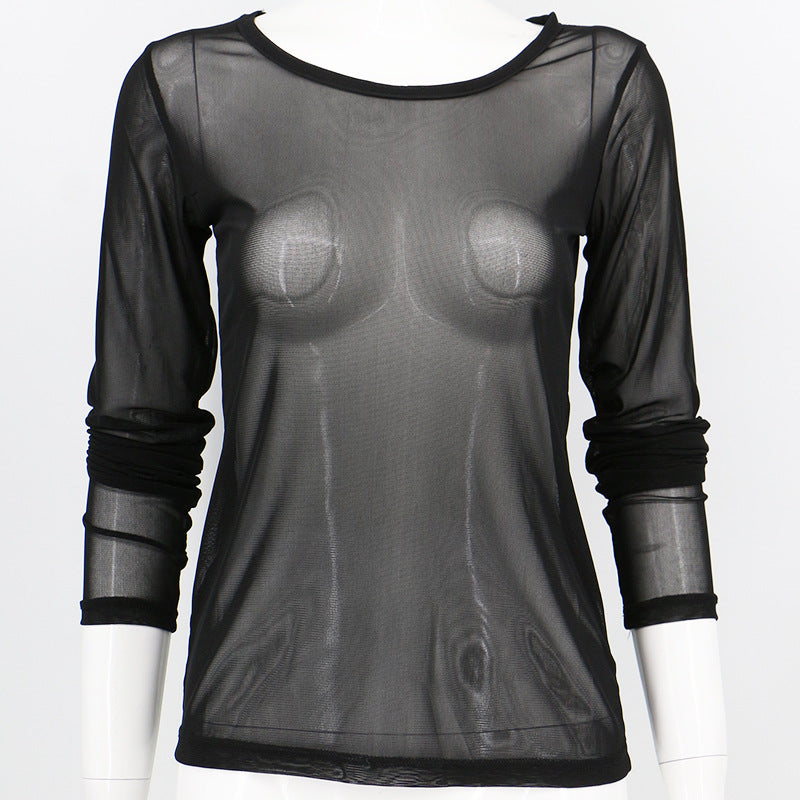 Black transparent mesh bottoming shirt
