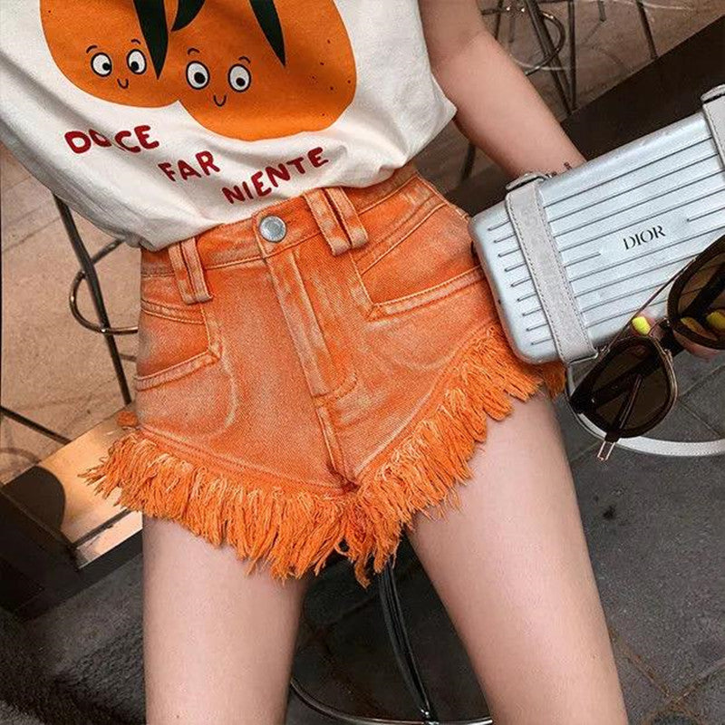 Women's Plus Size High Waist Tassel Denim Shorts