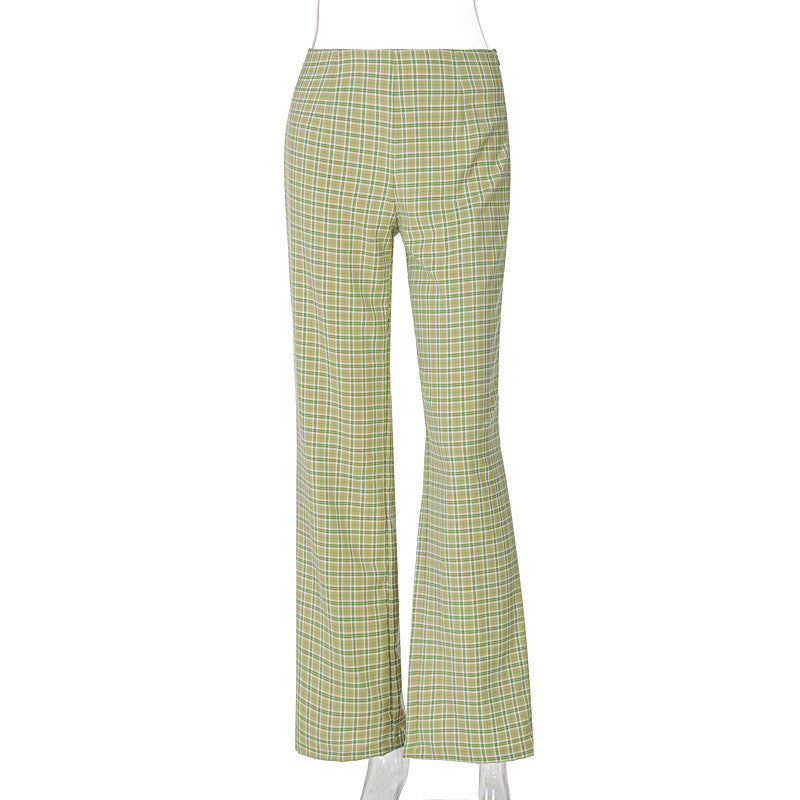 Lace-up V-neck Camisole Straight-leg Checked Trouser Suit