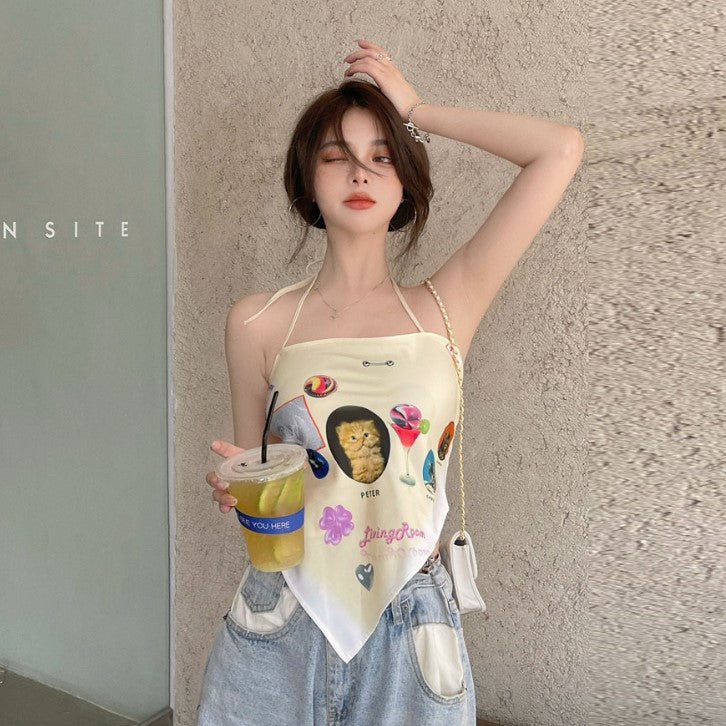 Women's Summer Print Halter Neck Wrap Chest Triangle Turban Vest Bottoming Top With Sling