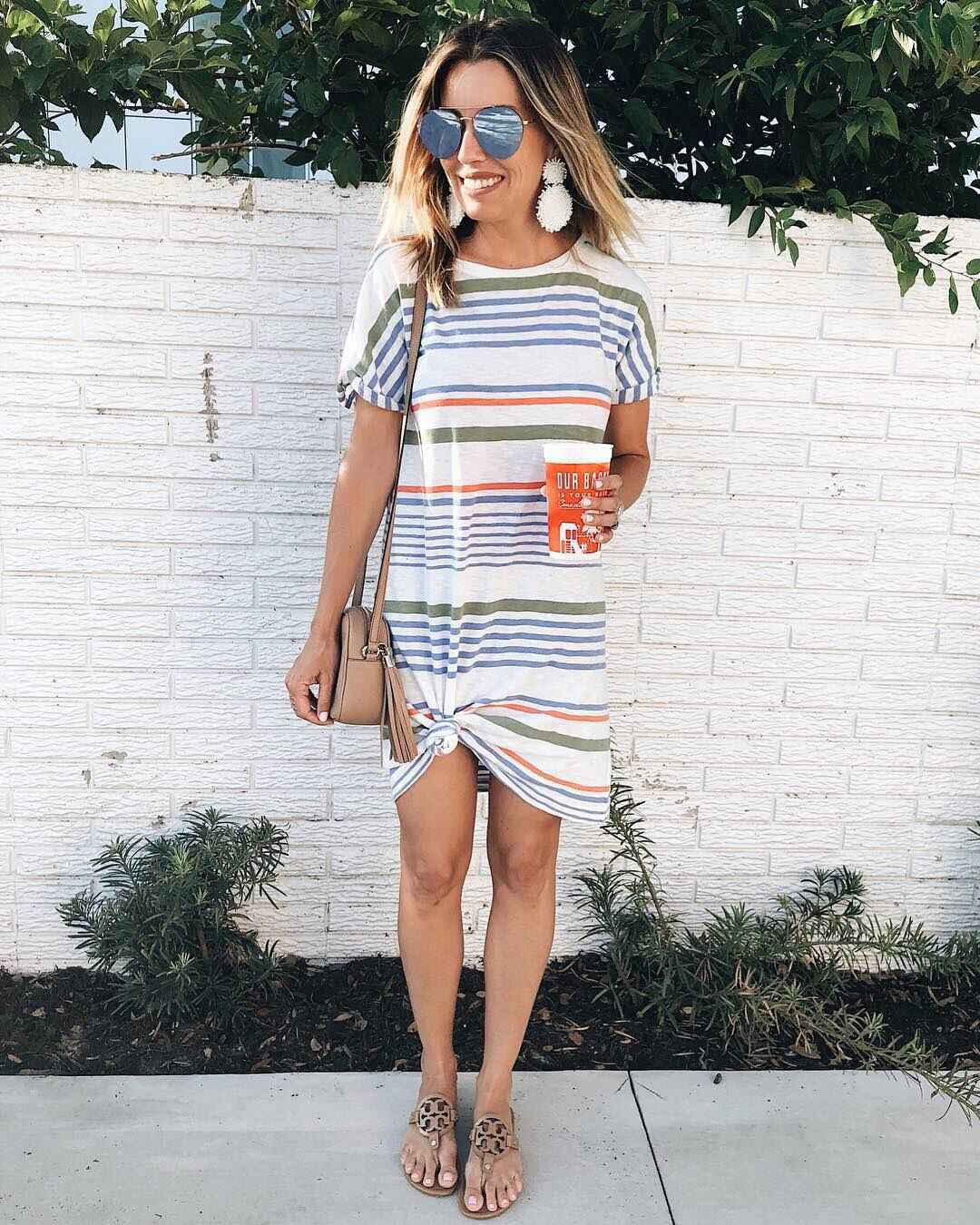Summer Fashion Round Neck Printed Striped Short Sleeve Women's Dress