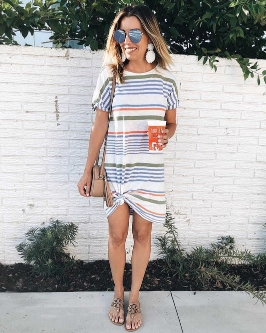Summer Fashion Round Neck Printed Striped Short Sleeve Women's Dress