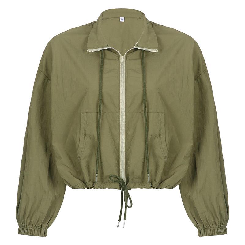 Long-sleeved Coat Shorts Two-piece Women's Army Green Zipper Stand-up Collar