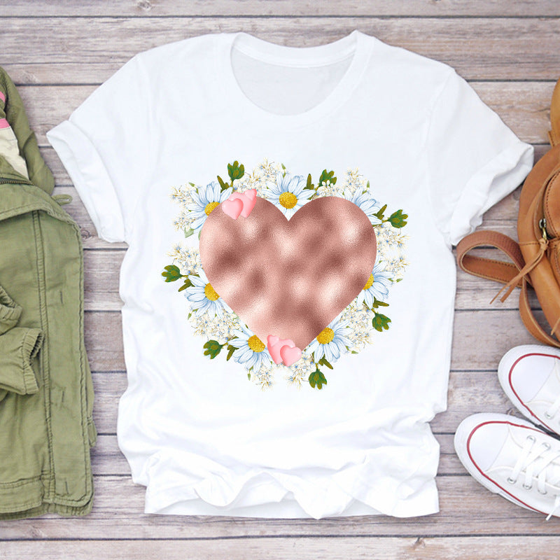 Watercolor Love Fashion Print Short-sleeved T-shirt Women's Trend