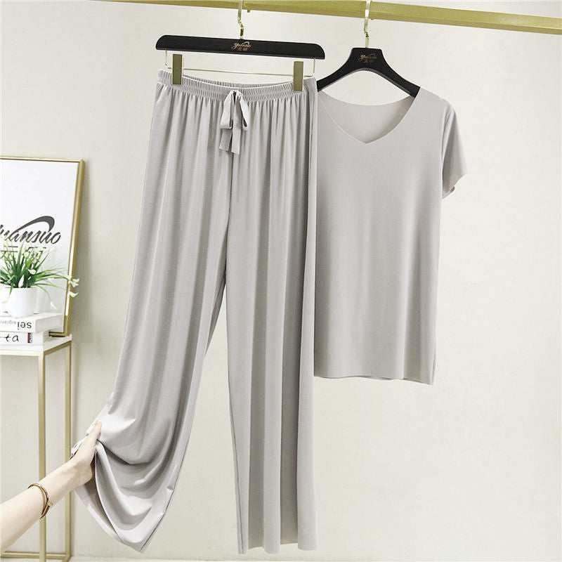 Ladies Temperament Sports Casual Wide Leg Pants Short Sleeve Two Piece Set