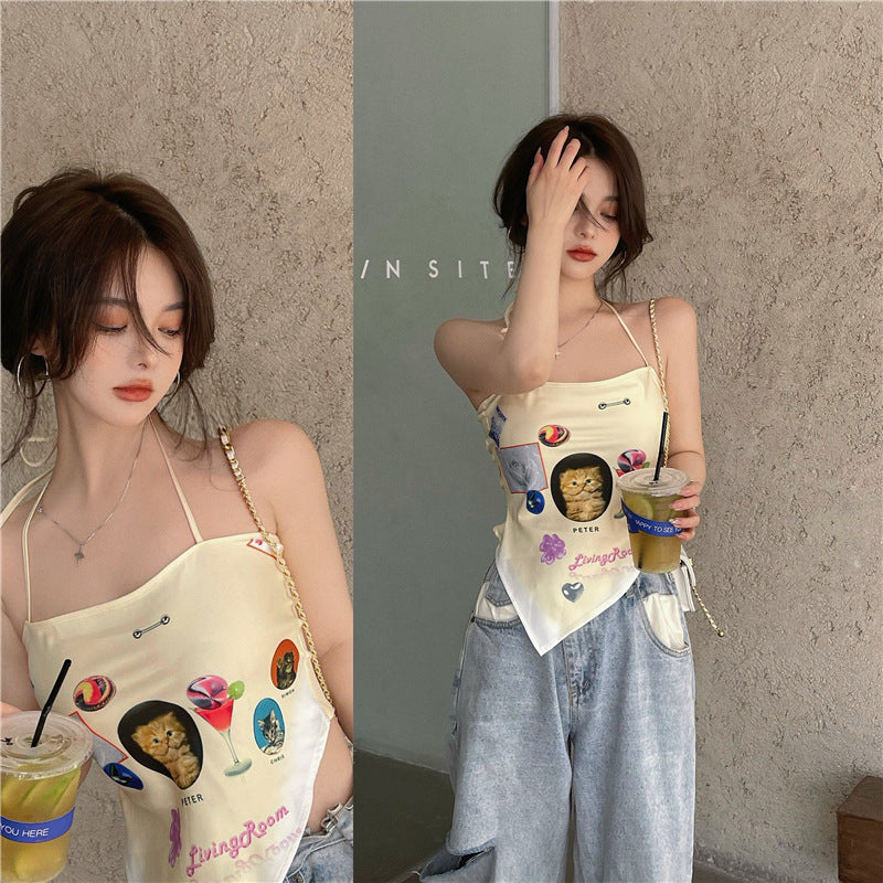 Women's Summer Print Halter Neck Wrap Chest Triangle Turban Vest Bottoming Top With Sling