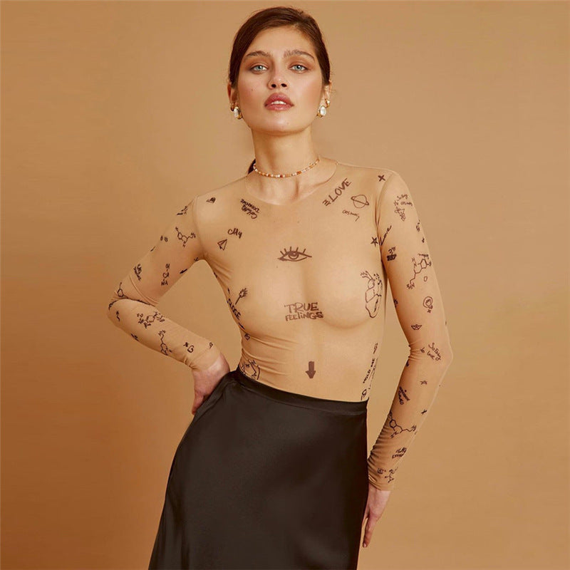 Women's Fashion Mesh Perspective  Slim Bodysuit